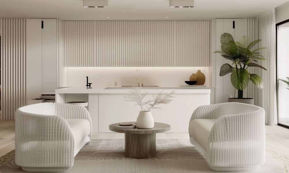 Open-plan living room with neutral tones, light-filled interior, and coastal-inspired design
