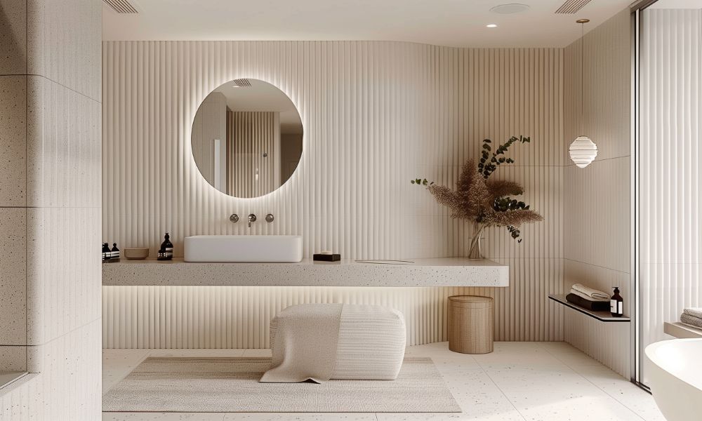 Minimalist bathroom with white tiles, walk-in shower, and warm lighting in a boutique coastal home, by Future Developers Australia