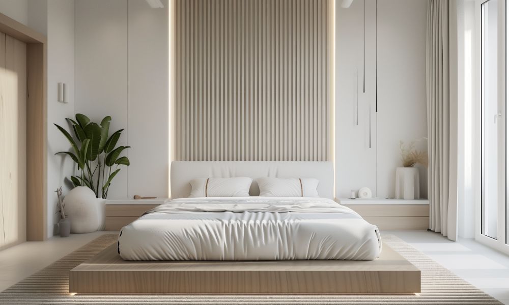 Elegant master bedroom with soft beige palette and clean architectural lines, part of a boutique development project in NSW, by Future Developers Australia